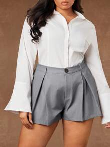 Hauture Pantalones cortos de mujer de talla grande de color gris sólido plisado, con cintura elástica en la espalda, para uso casual y de oficina, para mujeres, uso diario, estilo "Old Money" - Gris - Ver 1