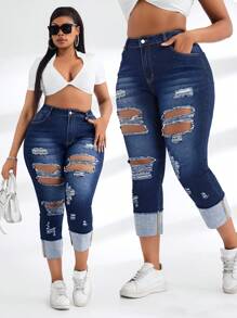SHEIN SXY Plus Size Women's Blue Elastic Distressed Ripped Ankle-Length Jeans - Blue - View 1