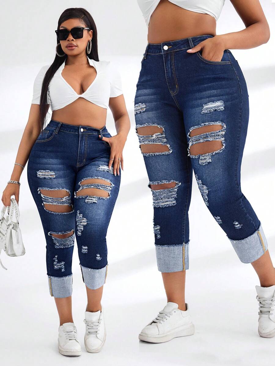 SHEIN SXY Plus Size Women's Blue Elastic Distressed Ripped Ankle-Length Jeans - Blue - View 1