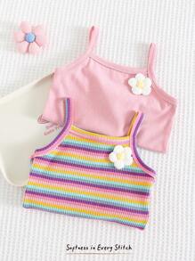 Cozy Pixies 女婴 3D 花卉针织柔软吊带背心上衣 2 件套 - 彩色 - 查看 3