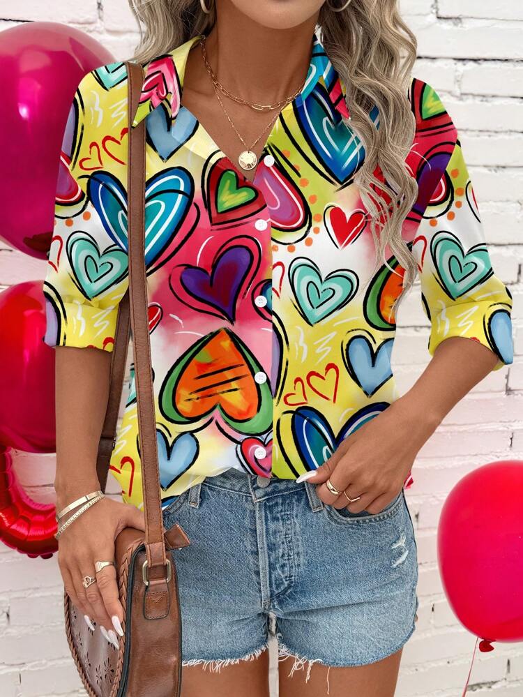 Casual Loose Heart & Abstract Print Open Cardigan Blouse Long Sleeve Shirt For Women, Summer Wear Valentine's Day Going Out Tops