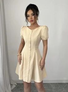 Elenzga Rochie casual, simplă, de culoare solidă, cu mâneci bufante - Caisă - Vizualizare 5