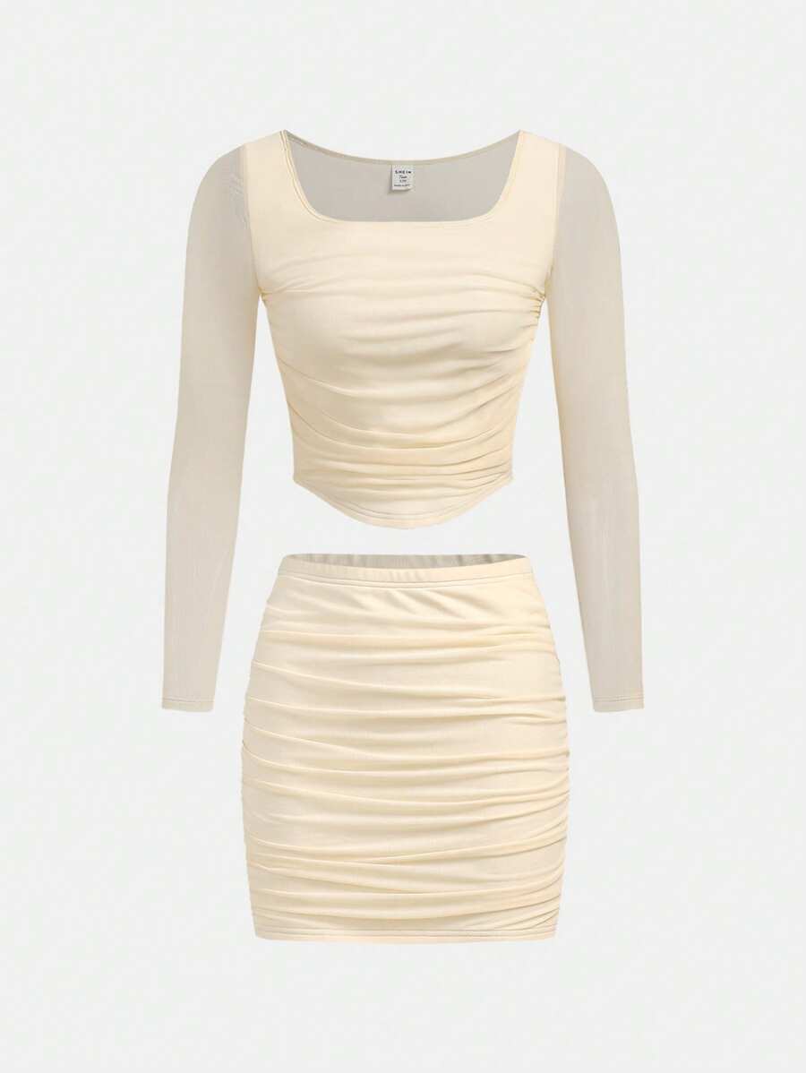 SHEIN Girlism Teen Girl 2pcs Set: Plain Mesh Ruched Square Neck Long Sleeve Top And Skirt - Apricot - View 1