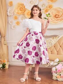 SHEIN Conjunto de top de punto con tirantes acanalados y falda jacquard floral elegante para niñas preadolescentes, perfecto para primavera/verano, vacaciones, verano y viajes - Rosa - Ver 5