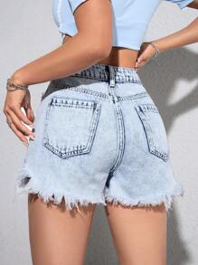 SHEIN PETITE Women Casual Washed Ripped Distressed Denim Shorts - Blue - View 2