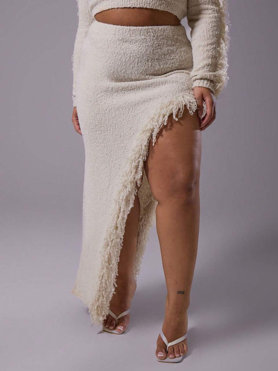 Curve Asymmetrical Distressed Frill Hem Knitted Fitted Skirt For Everyday, Casual, Break, Classy Summer