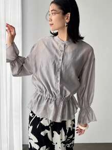 FRIFUL Women's Loose Gray Sheer Blouse Casual Wear Top, Spring,Ruffle - Grey - View 6