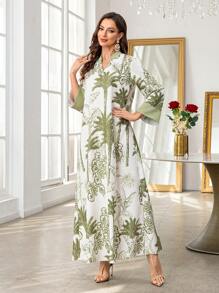 Al Najma Women's Elegant Palm Tree Print Maxi Dress, Modest Kaftan - Green - View 5