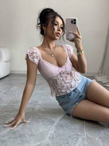 Chiquease Camiseta de mujer con encaje rosa, detalles de lazo elevado - Rosa - Ver 5