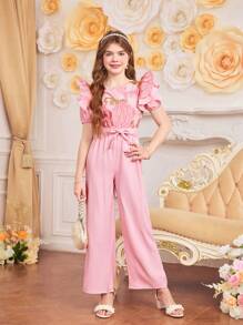 Bộ đồ liền thân tay ngắn có khóa kéo phía trước họa tiết hoa jacquard thanh lịch cho bé gái tuổi mới lớn có thắt lưng, mùa xuân/hè - Hồng - Xem 4