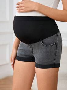 SHEIN Adjustable Waist Rolled Hem Casual Versatile Maternity Denim Shorts