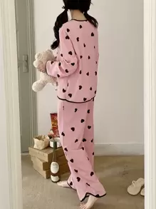 SHEIN 2 pièces Ensemble de pyjama de détente et confortable, Top à manches longues à ouverture avant avec imprimé cœur minimaliste et doux, et pantalon droit pour adolescentes