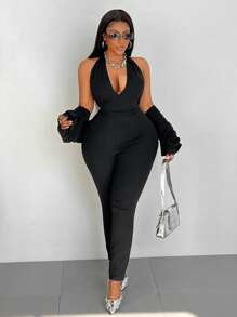 Maweii 2pcs/Set Plus Size Summer Casual Solid Color Halter Tank And Skinny Pants Set - Black - View 1