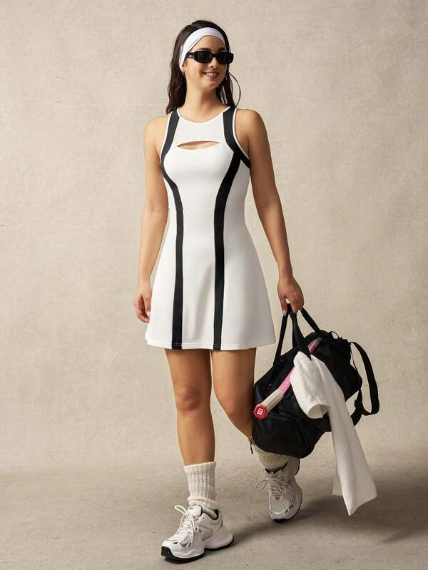 VARSITIE 圆领长袖拼色网眼拼布修身迷你网球裙