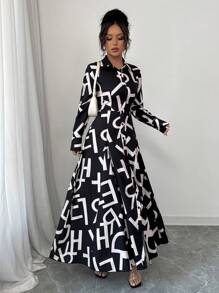 Elenzga Đầm Maxi Họa Tiết Hoa Tay Dài Ve Áo Thắt Eo Thanh Lịch Cho Nữ Đi Làm Thời Trang Quyến Rũ Kỳ Nghỉ Thường Ngày (Họa Tiết Hoa Ngẫu Nhiên) - màu đen - Xem 7