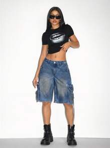 SHEIN ICON Shorts di jeans bermuda morbidi e casual da donna con tasche - Blu - Visualizzare 4