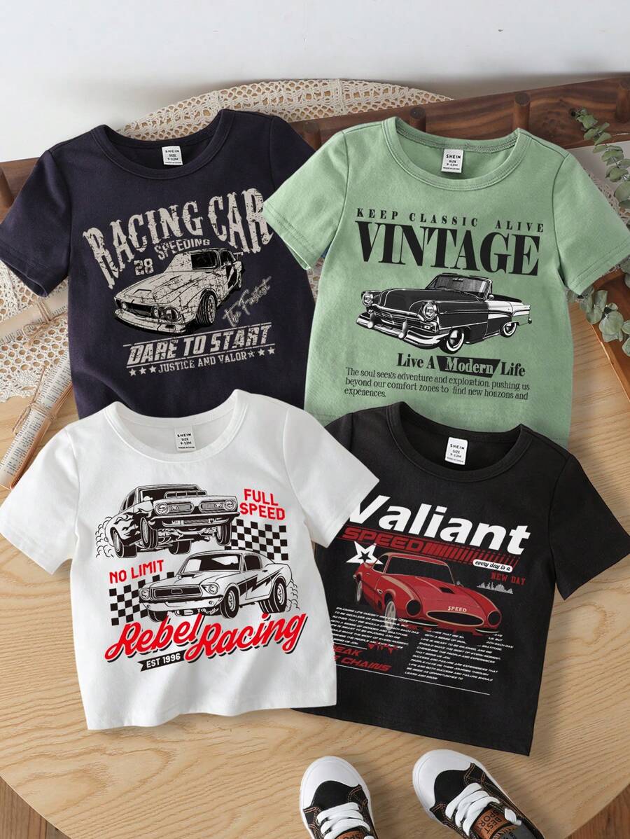 SHEIN 4pcs Baby Boy Casual Minimalist Short Sleeve Round Neck Top, Suitable For Summer - Multicolor - View 1