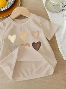 SHEIN LMoss Kids 女宝宝休闲简约短袖上衣，适合夏季 - 米色 - 查看 3
