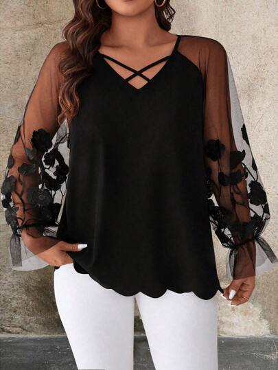 Rometta Plus Size Women Patchwork Floral Applique Mesh Panel Long Sleeve Top Fall Cloth For Women