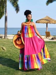 Slaydiva Plus Size 2025 New Vacation Casual Sleeveless Loose Solid/Rainbow Print Patchwork A-Line Dress For Summer