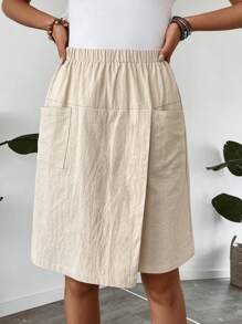 Faunlyn Quần culottes lưng thun co giãn màu trơn đơn giản cho nữ - Màu be - Xem 4