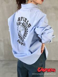 Garfield X FRIFUL Women Striped Loose Collaboration Backprint Long Sleeve Shirt, Women's Summer Outerwear Top - Blue - View 5