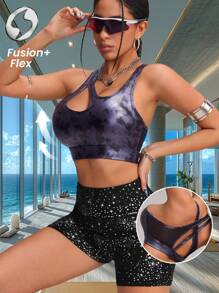 Innovista Women Activewear Foil Print Sports Bra, Faux Leather & Metallic Shine Gym Top, Hollow Out Abstract Print Breathable & Elastic Workout Outfits, Fitness Tank, Marbling Tie-Dye Print, Edgy &Unique Sleek & Lux Tracksuit, Music Festival, Party, Dance, Electric, Yoga, Mat, Pilates, Running, Cardio, Going Out, Athleisure,Strength, Weights,Purple,Y2K,Autumn Gear,Bikini,Bathing Suit,Autumn Fall Gear - Purple - View 3