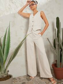 SHEIN VCAY Solid Button Front Vest Blazer & Wide Leg Trousers - Beige - View 3
