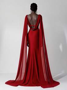 SHEIN Belle 优雅的勃艮第色垂坠领露背扭纹拼接雪纺长裙，带荷叶边拖尾，可作为晚礼服、派对礼服、婚礼宾客礼服、正式礼服 - 酒紅色 - 查看 7