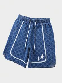 ROMWE MEN Prep Men's Casual Denim Shorts, Football Style, Simple & Fashionable For Everyday Wear - Blue - View 3