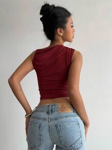 Aloruh 女士性感优雅圆领褶皱酒红色露脐无袖背心，夏季红色上衣，适合毕业季、教师节、返校季等场合。 - 酒紅色 - 查看 8