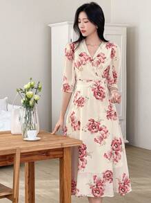DAZY Rochie elegantă și feminină din șifon cu flori mari pentru femei, ținute de vacanță cu imprimeu floral, stil boho - roșu - Vizualizare 2