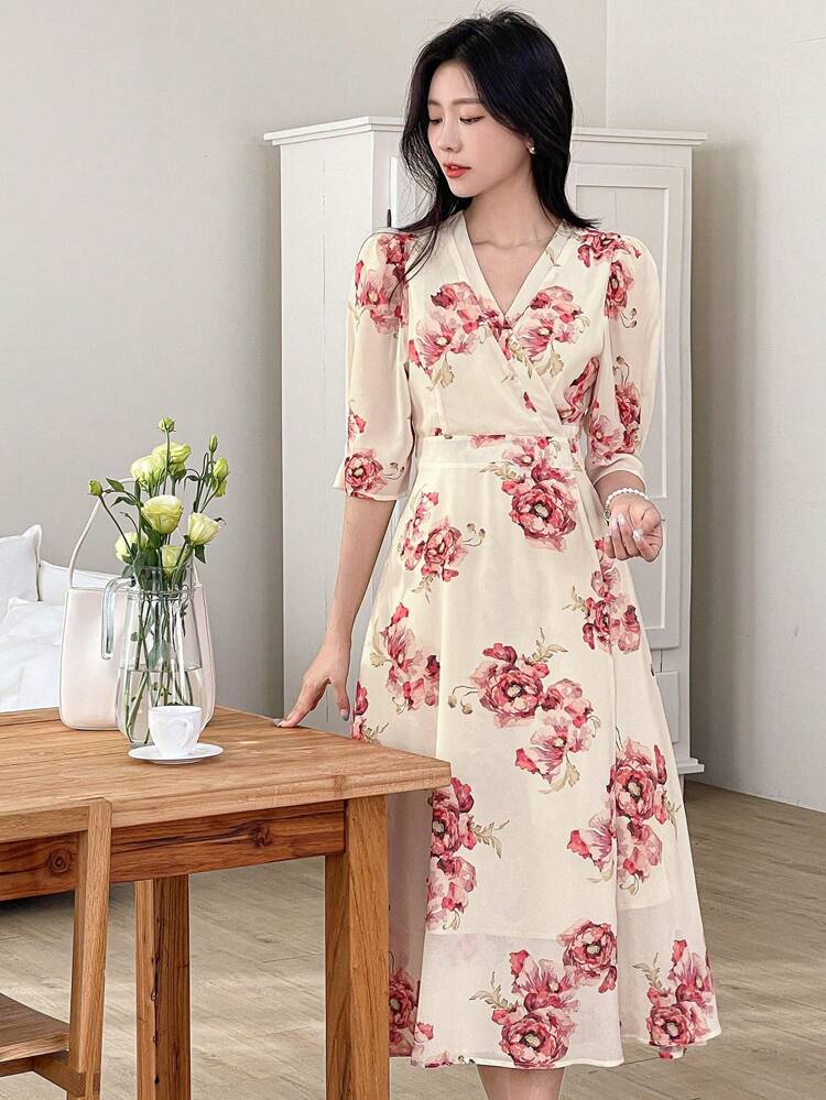 Elegant & Ladylike Big Flower Chiffon Dress For Women Floral Vacation Outfits Women Boho