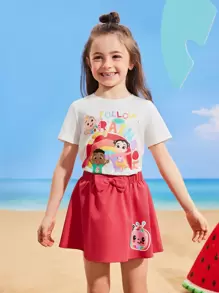 CoComelon X SHEIN 年轻女孩彩虹图案 T 恤和可爱裙子套装 - 彩色 - 查看 1