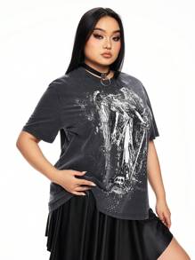 ROMWE Goth Vintage Distressed Angel Skull Print Loose T-Shirt For Women - Grey - View 9