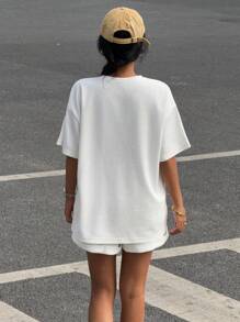 Muchica Women's White Waffle Knit Oversized T-Shirt And Shorts Set: Casual Two-Piece Outfit