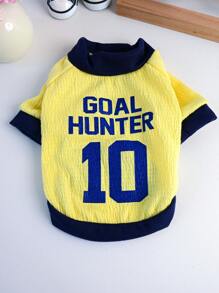 PETSIN 1 chiếc áo thun cổ tròn dệt kim đa năng cho chó/mèo màu vàng có in chữ và số, phong cách thường ngày/thể thao - Màu vàng - Xem 2