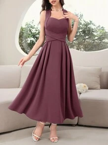 Modelyn Đầm suông không tay thắt eo màu trơn thanh lịch cho nữ - Màu hồng gỉ - Xem 6