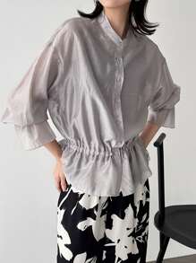 FRIFUL Women's Loose Gray Sheer Blouse Casual Wear Top, Spring,Ruffle - Grey - View 4