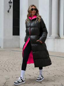 EURMUSE Button Up Hooded Puffer Coat, Ladies Winter Casual Button Front, Pocket Regular Sleeve Hooded Loose Black Plain Women Padded Coats, Winter Warmth/ Winter Fashion - Black - View 7