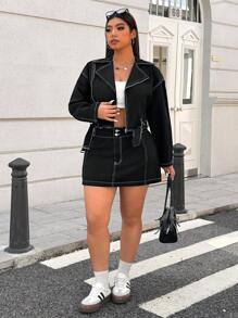 SHEIN EZwear Plus Size Denim Jacket, Casual And Fashionable Everyday Wear - Black - View 4