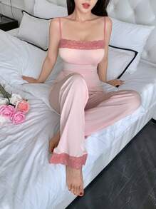 蕾丝拼接吊带上衣和长裤女士睡衣套装