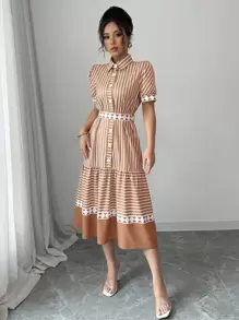 Elenzga 女式休闲优雅波西米亚风格条纹印花领带蝴蝶结连衣裙 - 卡其色 - 查看 6