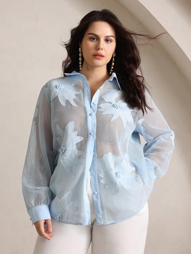 Ladies' Plus Size Heavy Craft Mesh Embroidery Premium Versatile Blue Long Sleeved Shirt Spring For Women