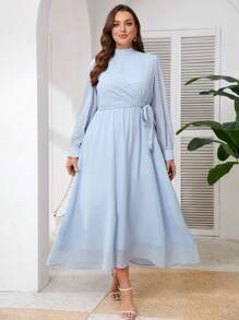 SHEIN Frenchy Plus Size Women's Long Sleeve Elegant Dress,Sky Blue Stand Collar Side Knot Pastel Spring Autumn Solid Color Wedding Bridal Dress - Blue - View 8