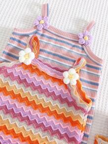 Cozy Pixies 4-Piece Set: Baby Girl Colorful Striped Knit Soft Camisole Top And Elastic Waist Shorts