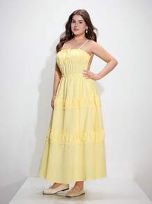 SHEIN MOD 大码黄色露背荷叶边连衣裙，适合约会、度假、野餐