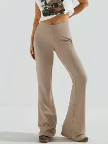 Athîral 女士纯色喇叭休闲裤，百搭，西式女装 - 卡其色 - 查看 3