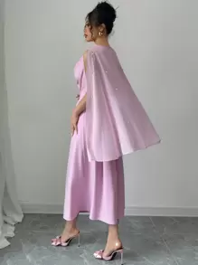 Elenzga Women's 2025 New Elegant Back Pleated Beaded Embellished Mid-Length Dress - Pink - View 6