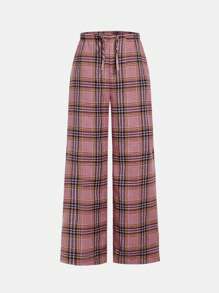 SHEIN Leap Crew Tween Girl Loose Casual Minimalist Comfortable Mid-Rise Plaid Leg Pants, Versatile - Pink - View 1